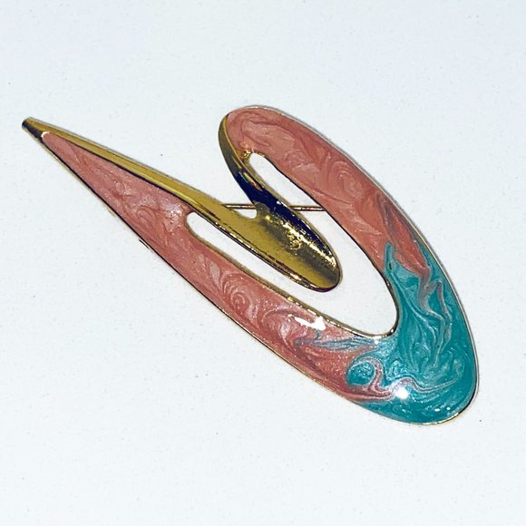 Vintage 1990s Art Deco Brooch Pink Aqua Gold - Picture 1 of 4